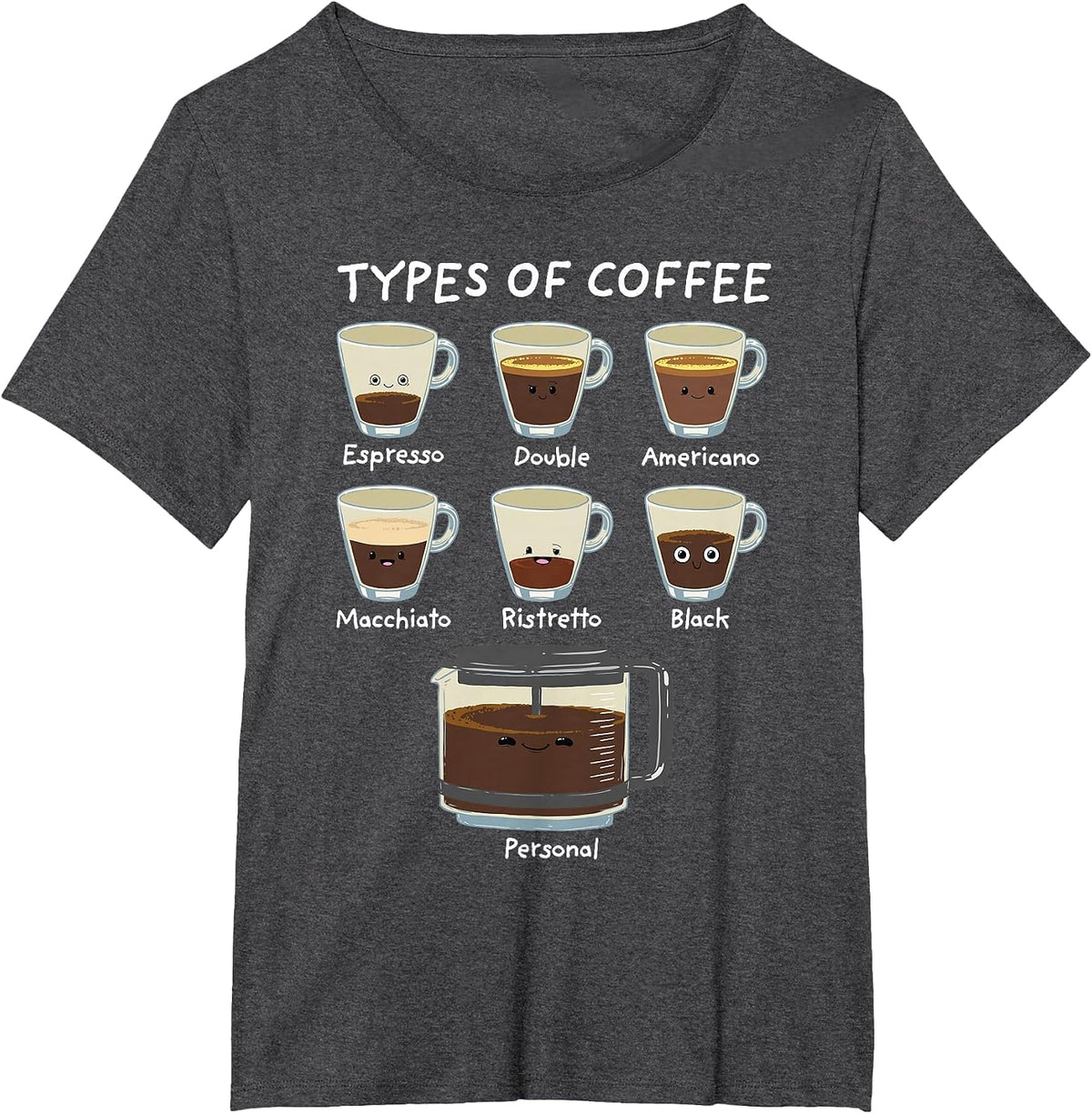 Types of Coffee Shirt Funny Caffeine Lover Barista T-Shirt - Dark Heather Grey