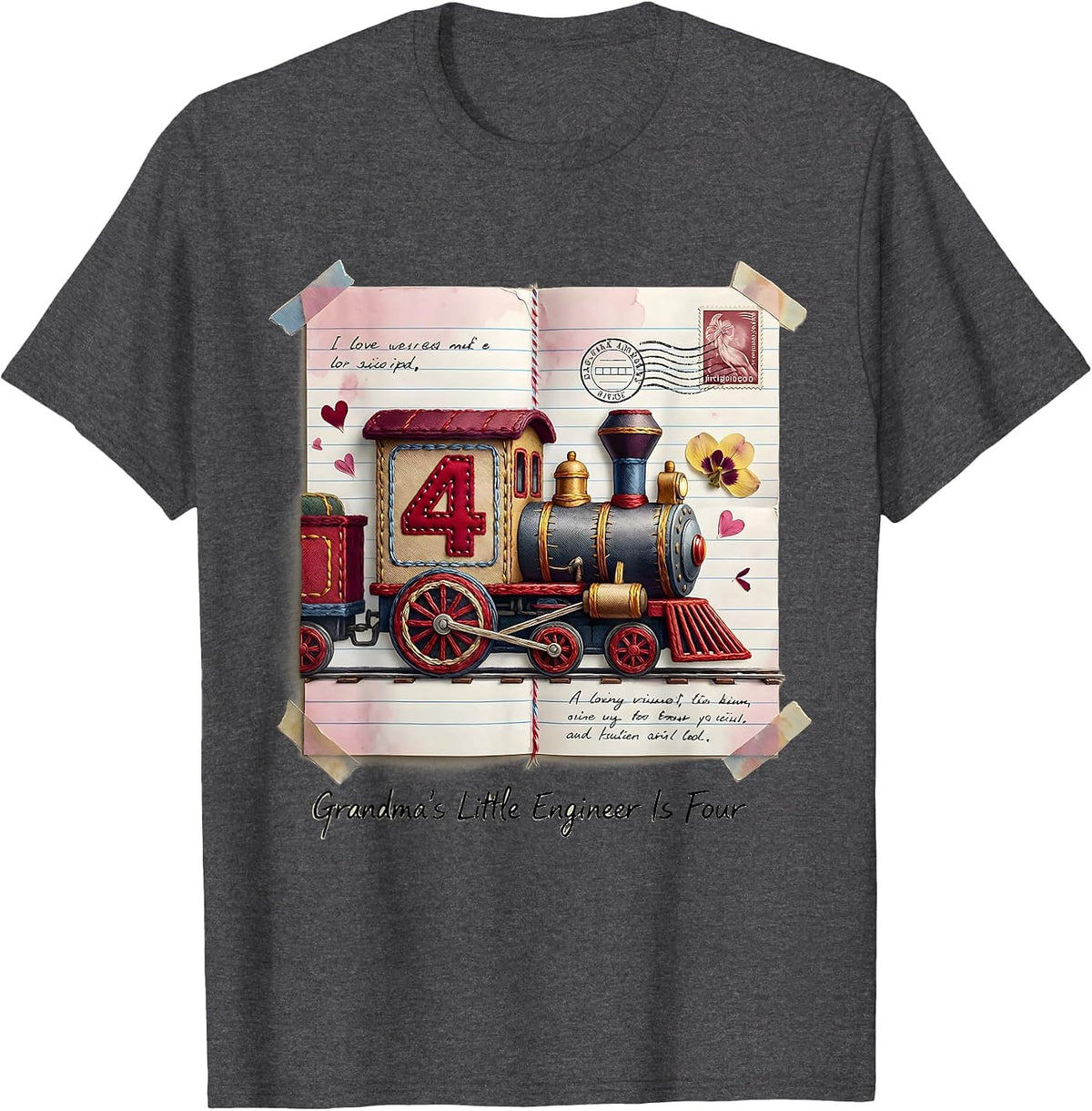 Grandma's Little Engineer Is Four Toddler Birthday Train T-Shirt - Dark Heather Grey