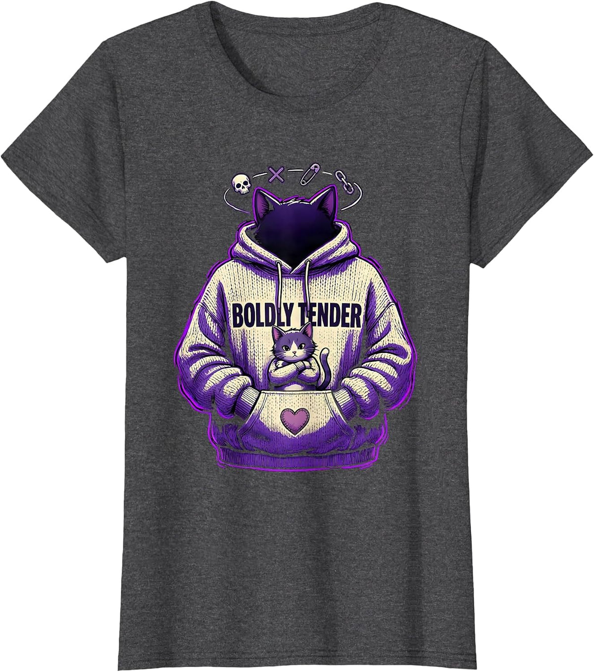 Women's Boldly Tender Emo Goth Cat Girl Alt Aesthetic Dark Cute T-Shirt - Dark Heather Grey