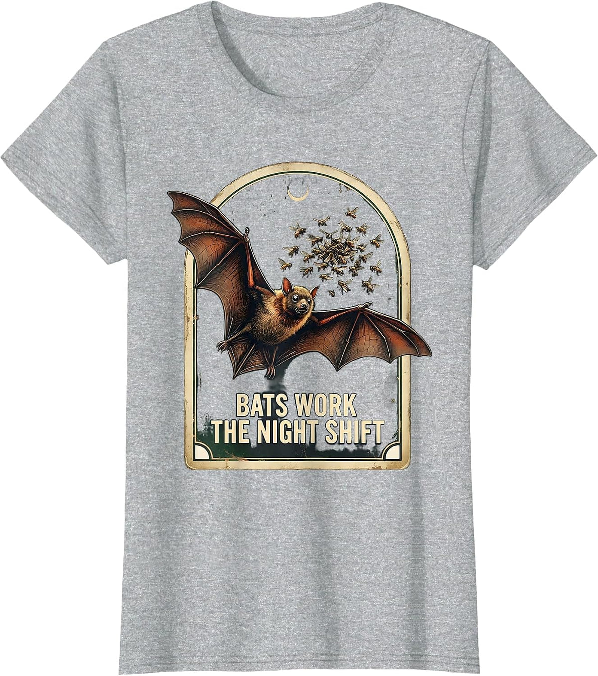 Bats Work The Night Shift Funny Vintage Bat Lover Halloween T-Shirt - Heather Grey