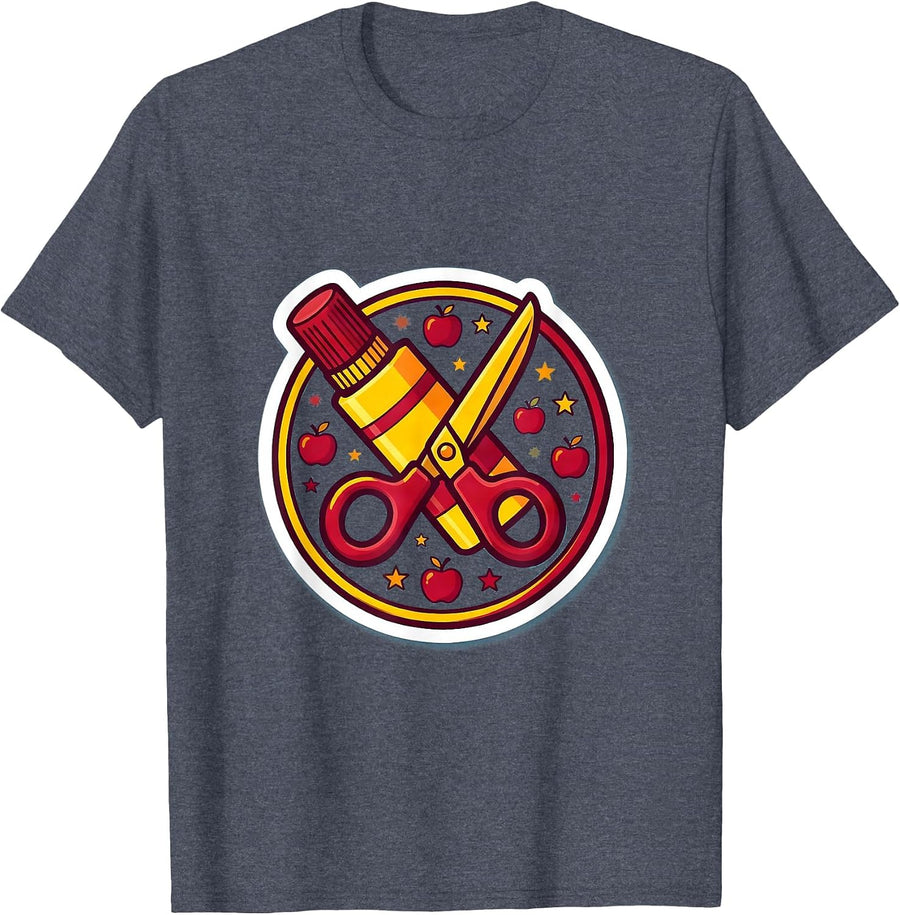 Kindergarten Teacher Glue Stick and Scissors Art T-Shirt - Heather Blue