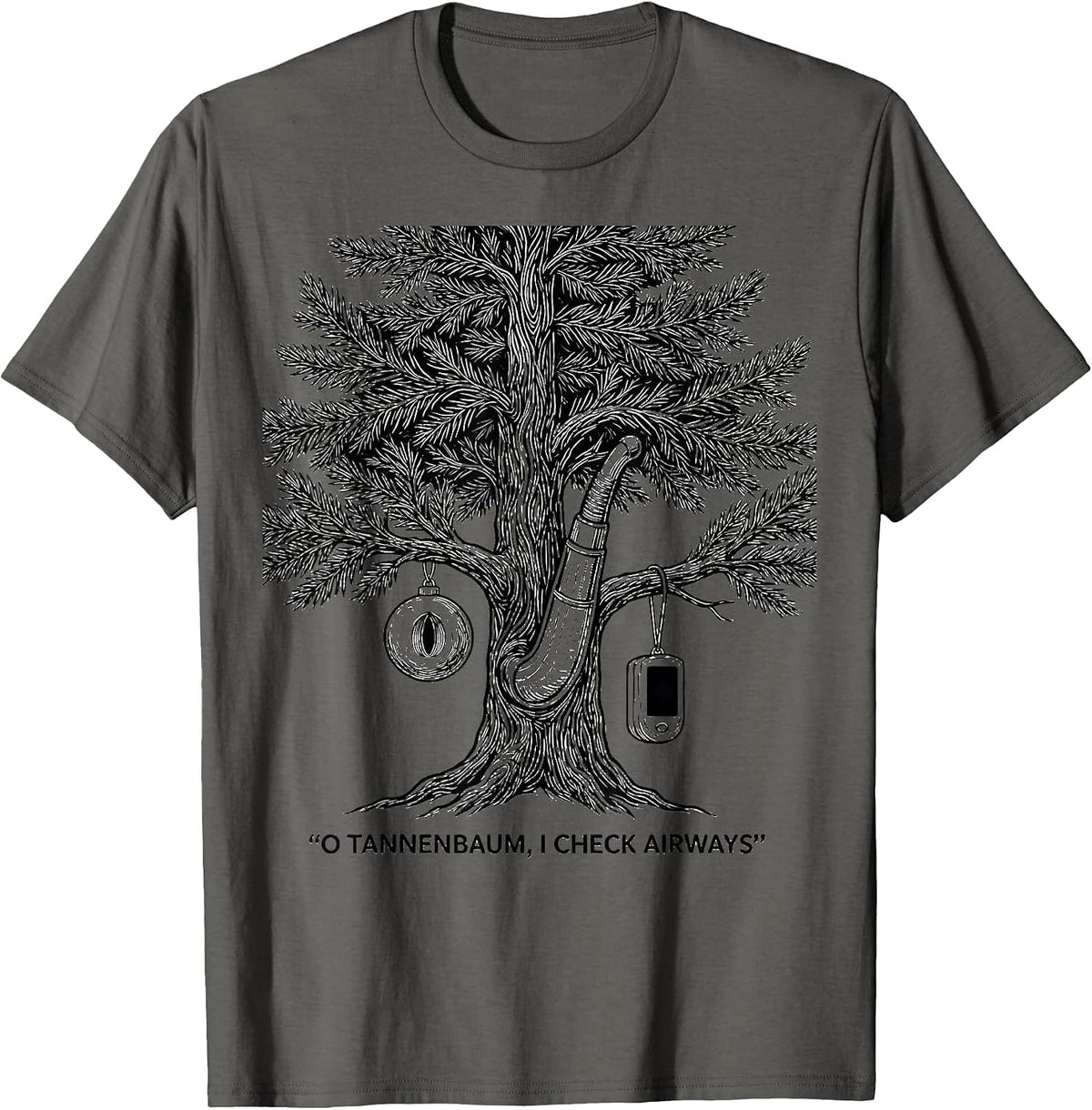 Men's O Tannenbaum I Check Airways Funny Respiratory Therapist T-Shirt - Asphalt Grey
