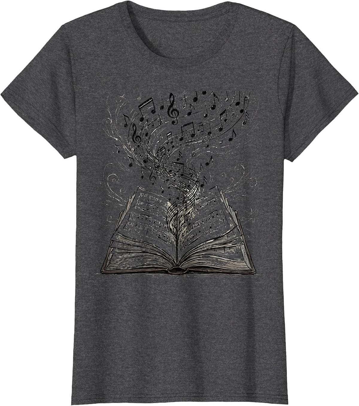 Women's Music Teacher Open Book Flying Notes Illustration T-Shirt - Dark Heather Grey