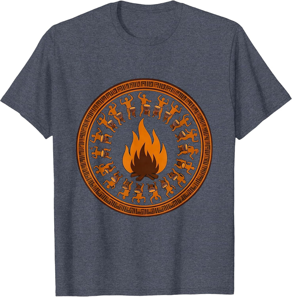 African Drum Circle Bonfire Silhouette Design T-Shirt - Heather Blue