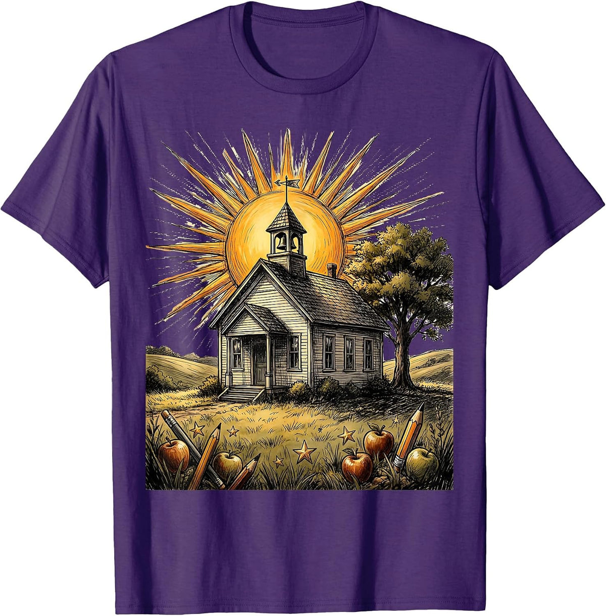 First Grade Teacher Schoolhouse Sunrise Graphic T-Shirt - Purple