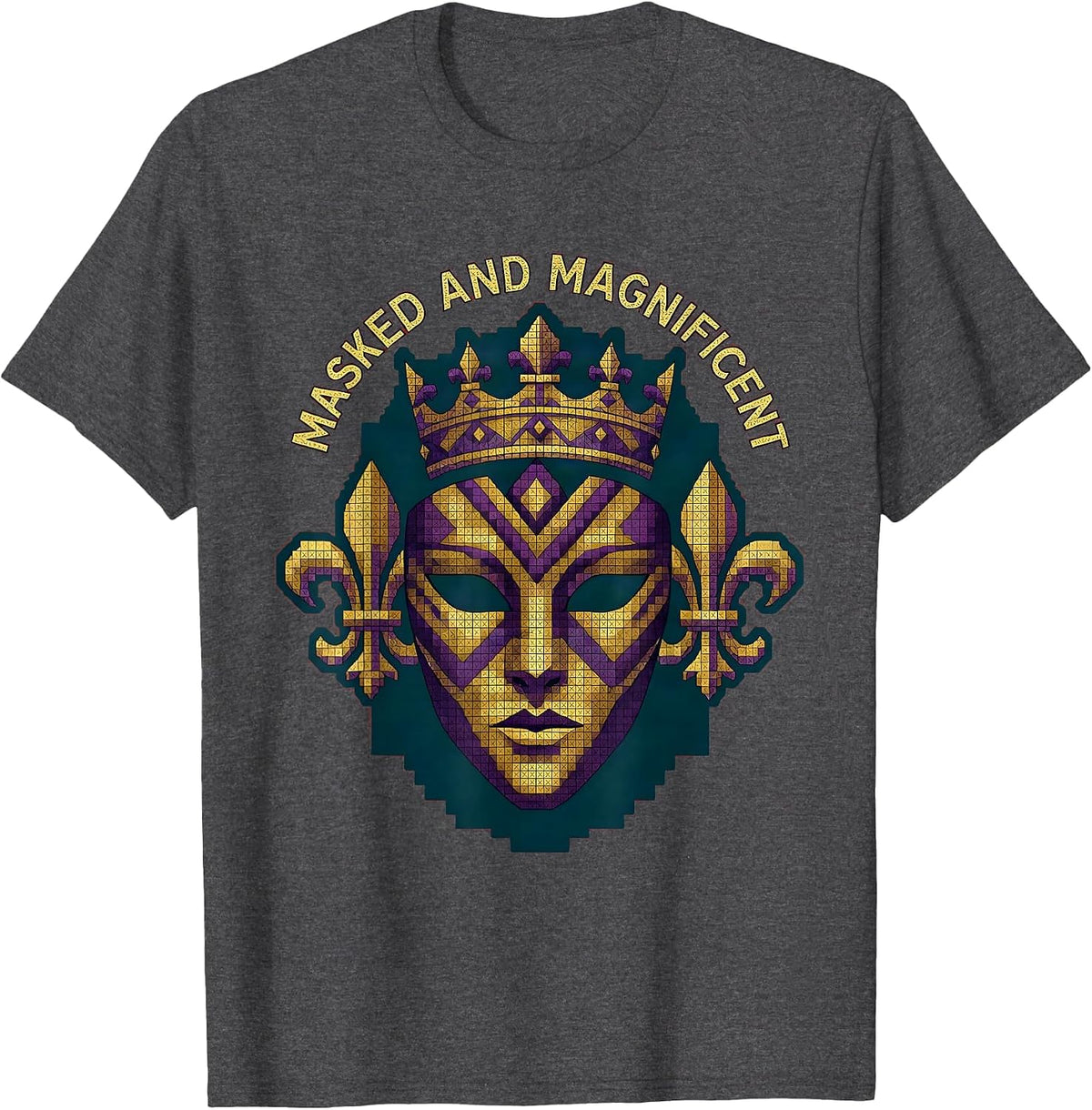 Men's Masked and Magnificent Mardi Gras Design T-Shirt - Dark Heather Grey