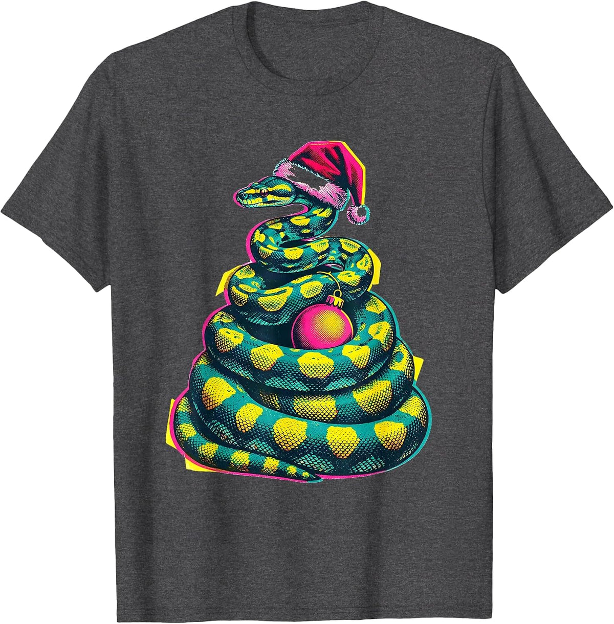 Ball Python Santa Hat Risograph Reptile Lover Christmas T-Shirt - Dark Heather Grey