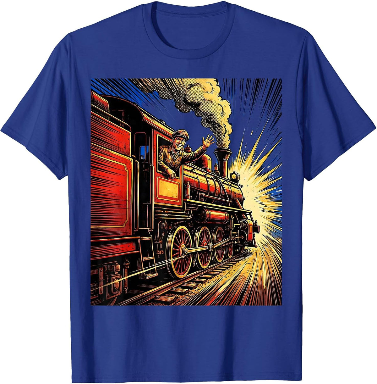 Smiling Engineer Waving From Speeding Train T-Shirt - Royal Blue