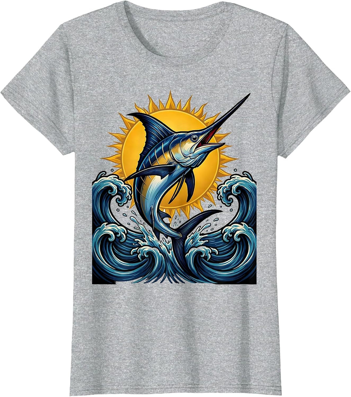 Caribbean Marlin Leaping at Sunset Illustration T-Shirt - Heather Grey