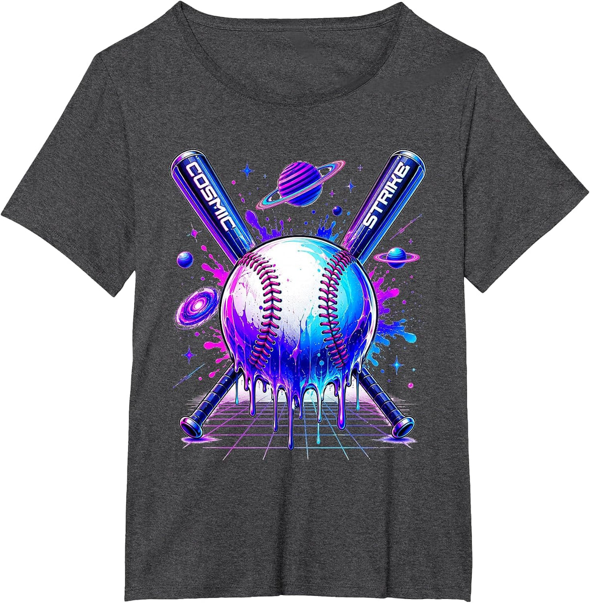Retro Vaporwave Cosmic Baseball Synthwave Graphic T-Shirt - Dark Heather Grey