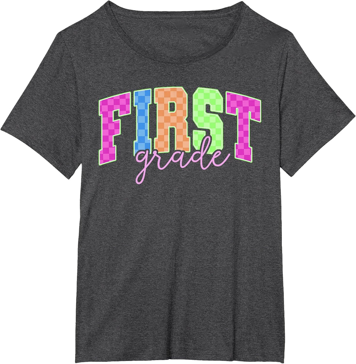 Back to School Neon Checkered First Grade, Colorful Teacher T-Shirt - Dark Heather Grey