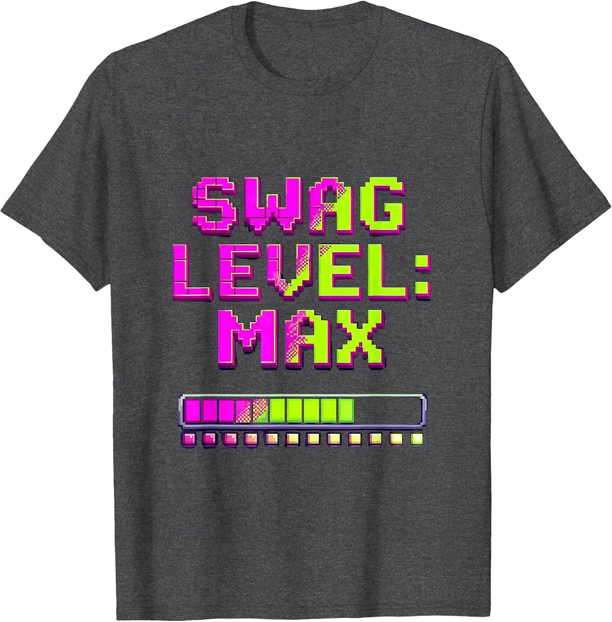 Men's Swag Level: MAX Pixel Art Y2K Streetwear Trendy T-Shirt - Dark Heather Grey