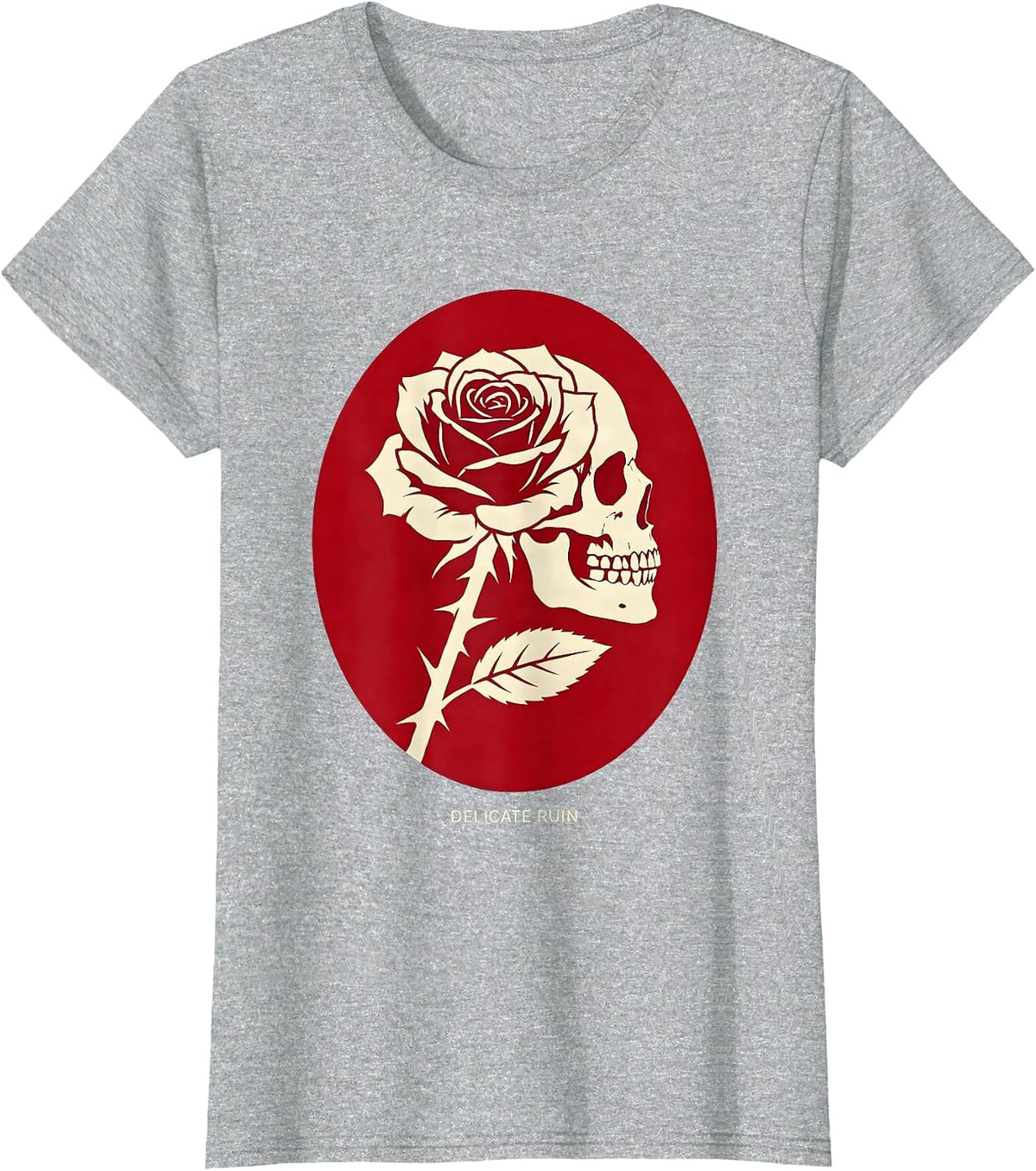 Women's Delicate Ruin Gothic Rose Skull Alt Aesthetic Dark Romantic T-Shirt - Heather Grey