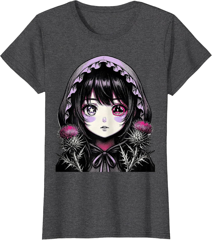 Women's Anime Girl Horror Kawaii Goth Aesthetic T-Shirt - Dark Heather Grey