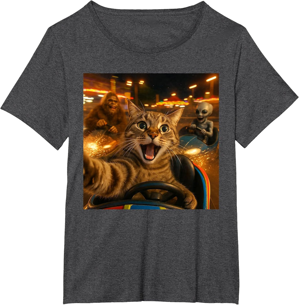 Funny Cat Selfie with Big Foot & Alien Bumper Car Meme T-Shirt - Dark Heather Grey