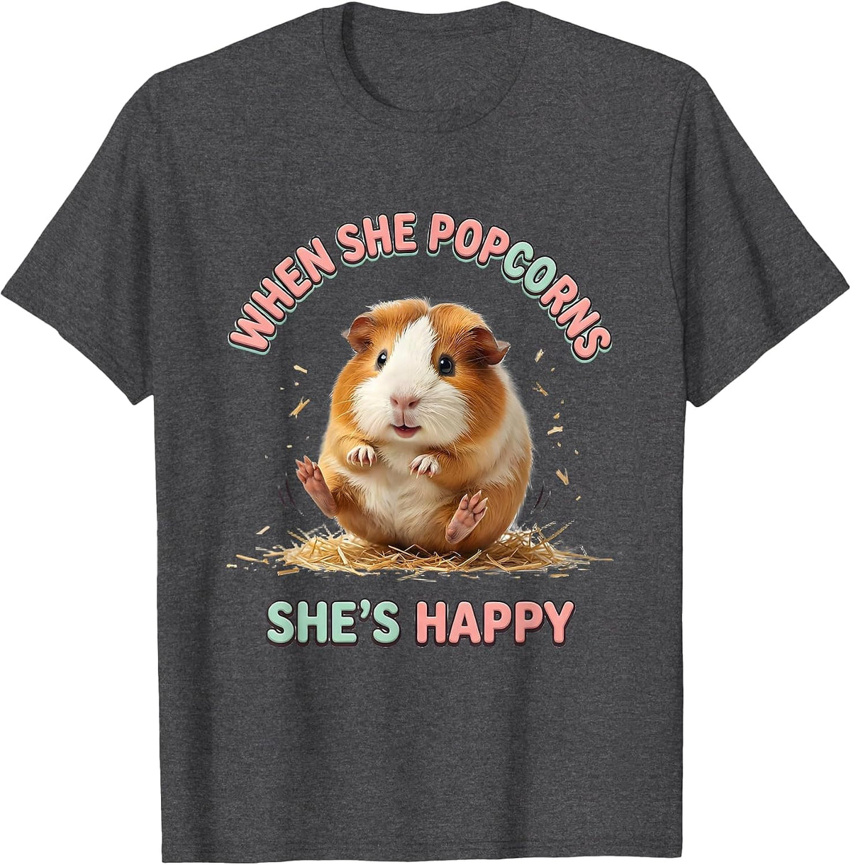 Men's When She Popcorns She's Happy Cute Kawaii Guinea Pig Pet T-Shirt - Dark Heather Grey