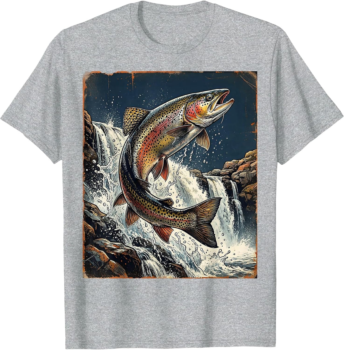 Men's Trout Splashing Through Waterfall Rapids T-Shirt - Heather Grey