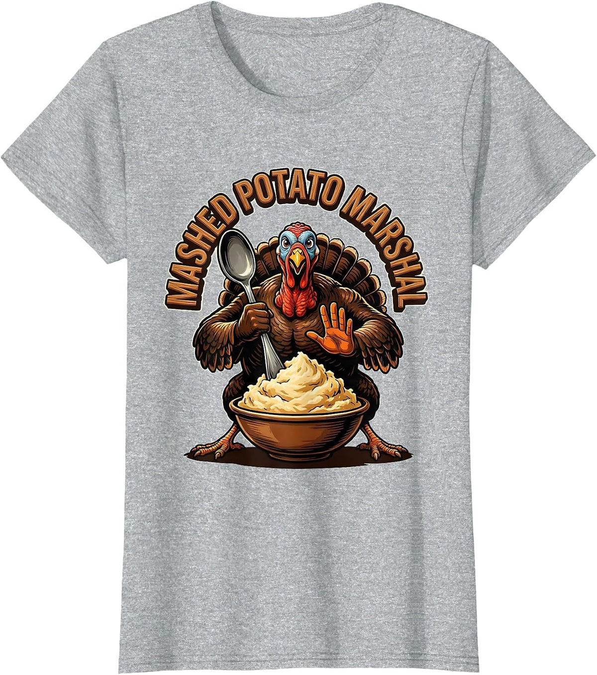 Women's Mashed Potato Marshal Funny Thanksgiving Family Crew Turkey T-Shirt - Heather Grey