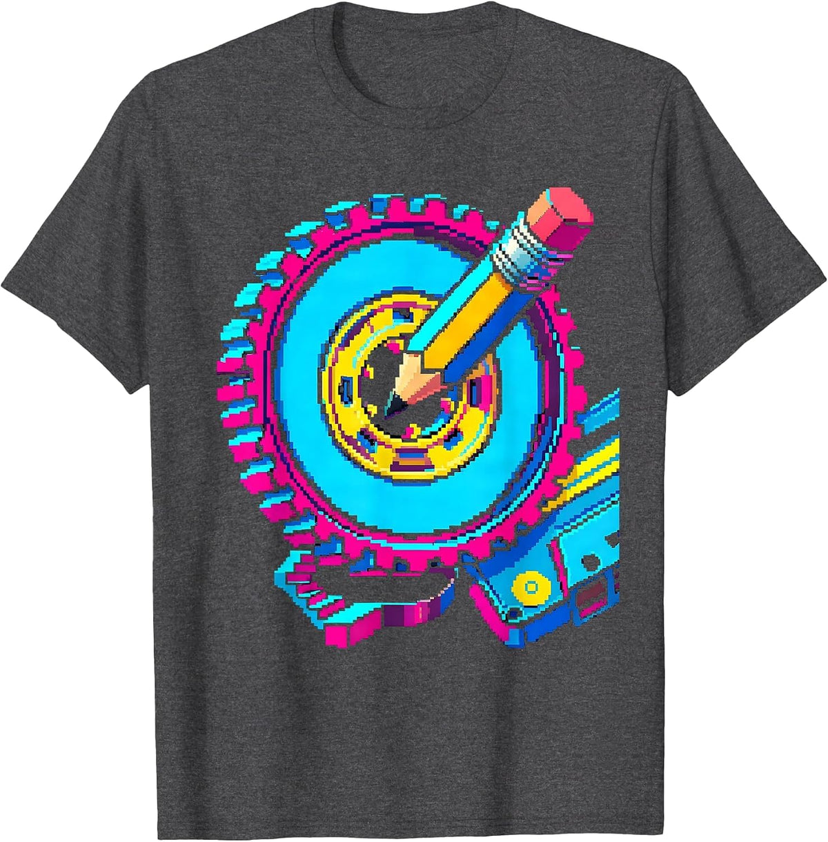 Cassette Hub Pixel Art Retro Nostalgia T-Shirt - Dark Heather Grey
