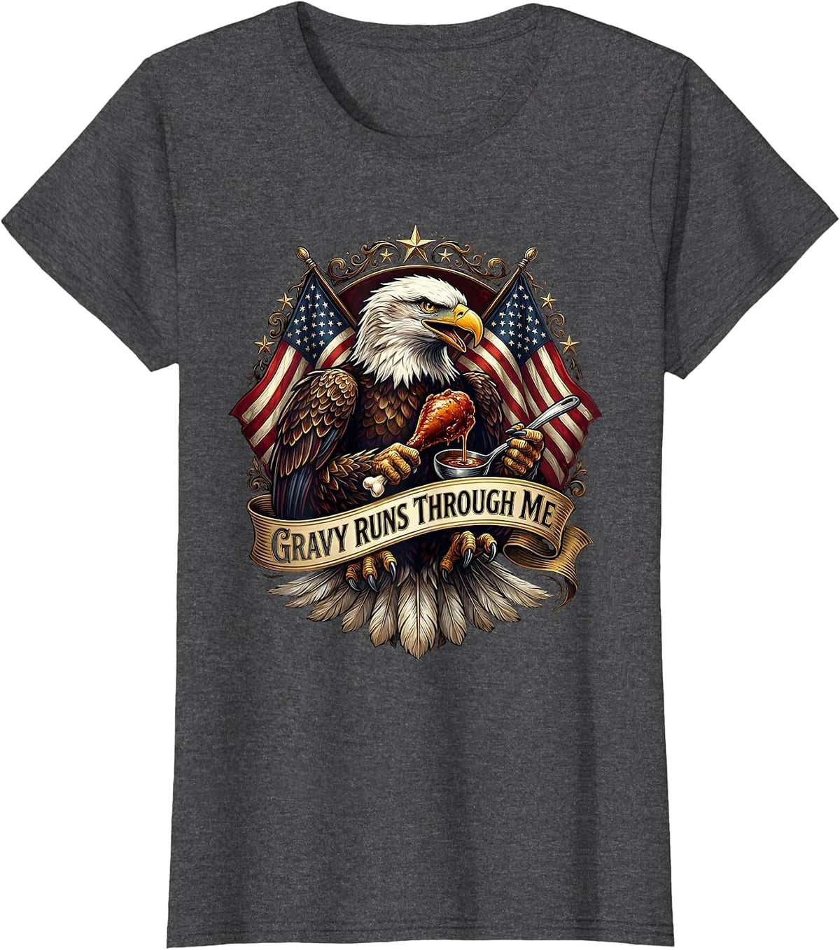 Women's Gravy Runs Through Me Thanksgiving Design T-Shirt - Dark Heather Grey