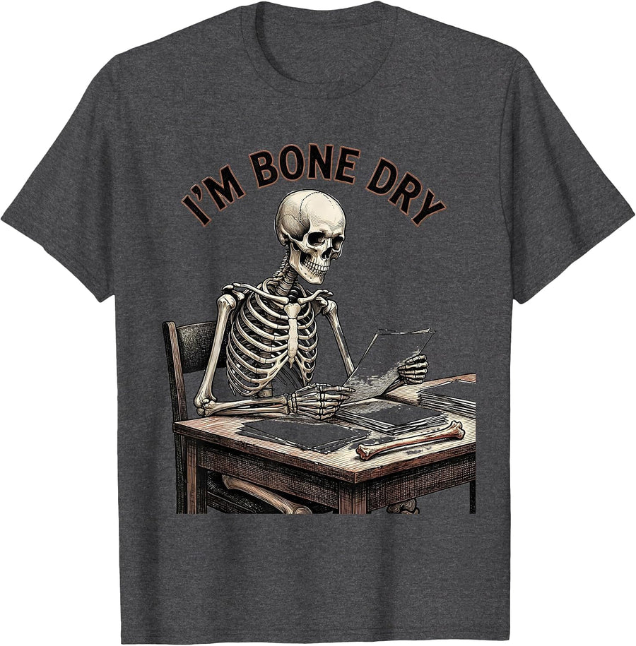 Men's I'm Bone Dry Crosshatch Etching Halloween Skeleton Humor T-Shirt - Dark Heather Grey