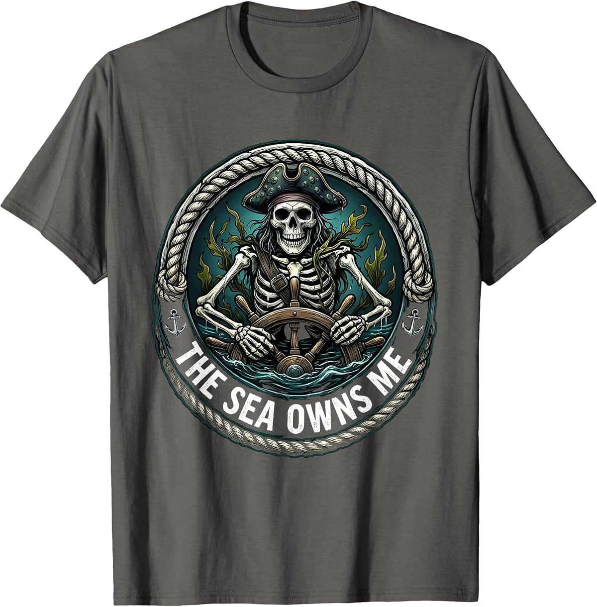 Men's The Sea Owns Me Pirate Ocean Design T-Shirt - Asphalt Grey