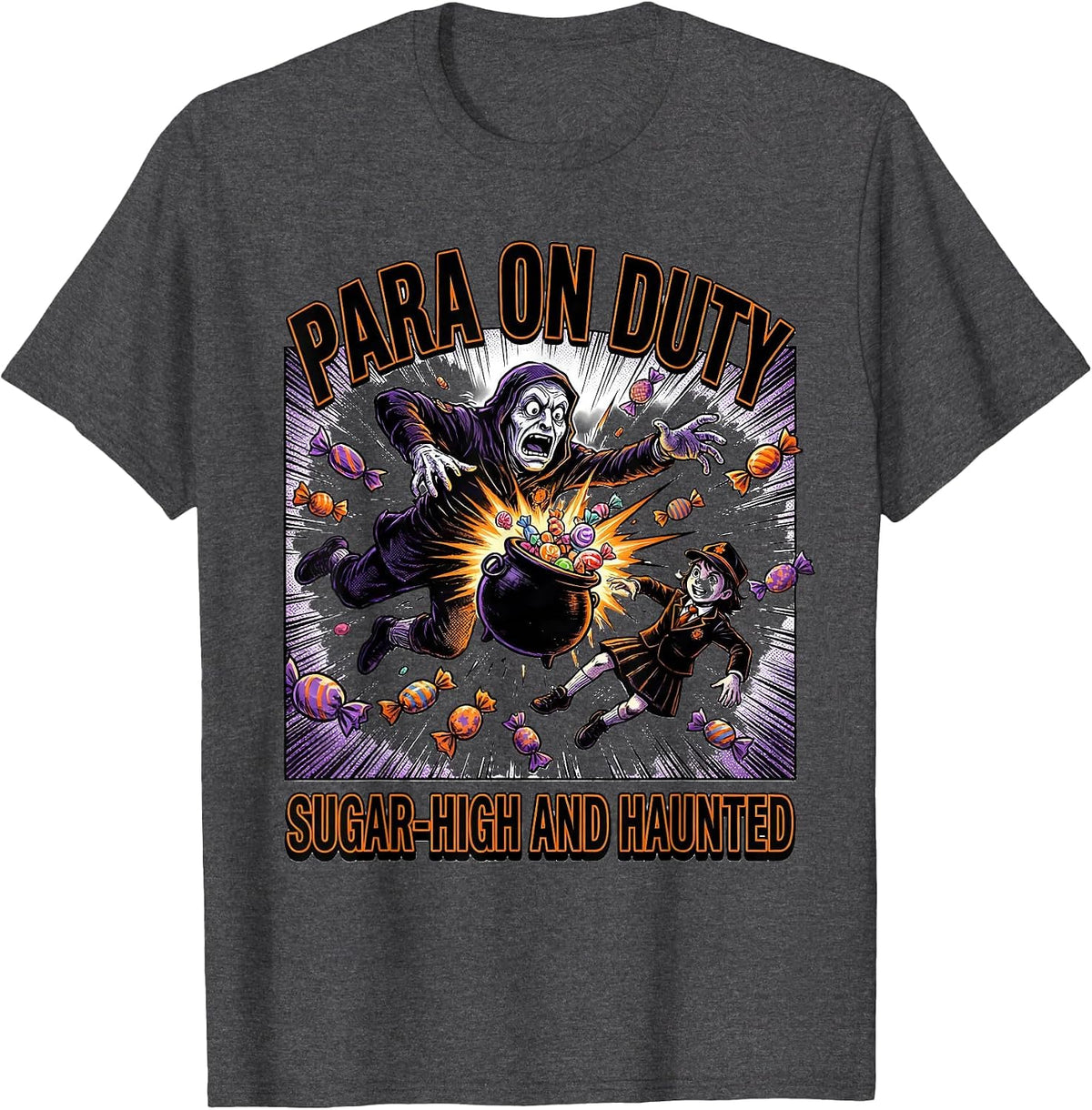 Men's Para On Duty Sugar-High And Haunted Comic Ghost Para Normal T-Shirt - Dark Heather Grey