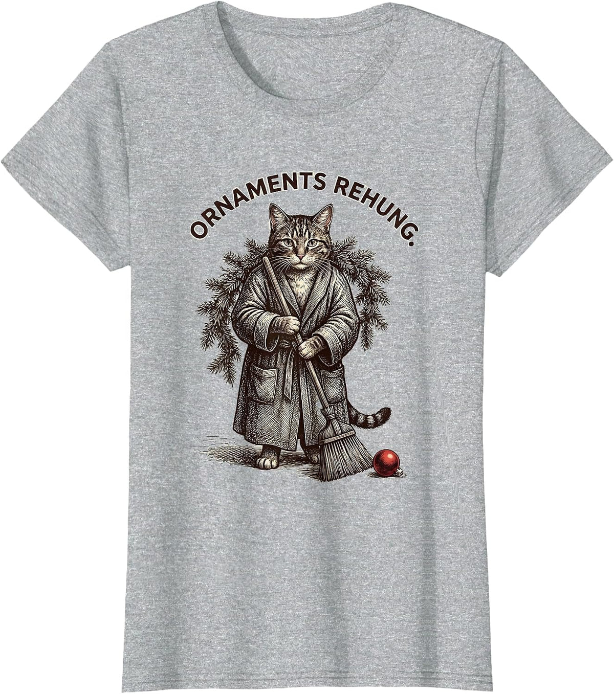 Ornaments Rehung Crosshatch Etching Funny Cat Lover Holiday T-Shirt - Heather Grey