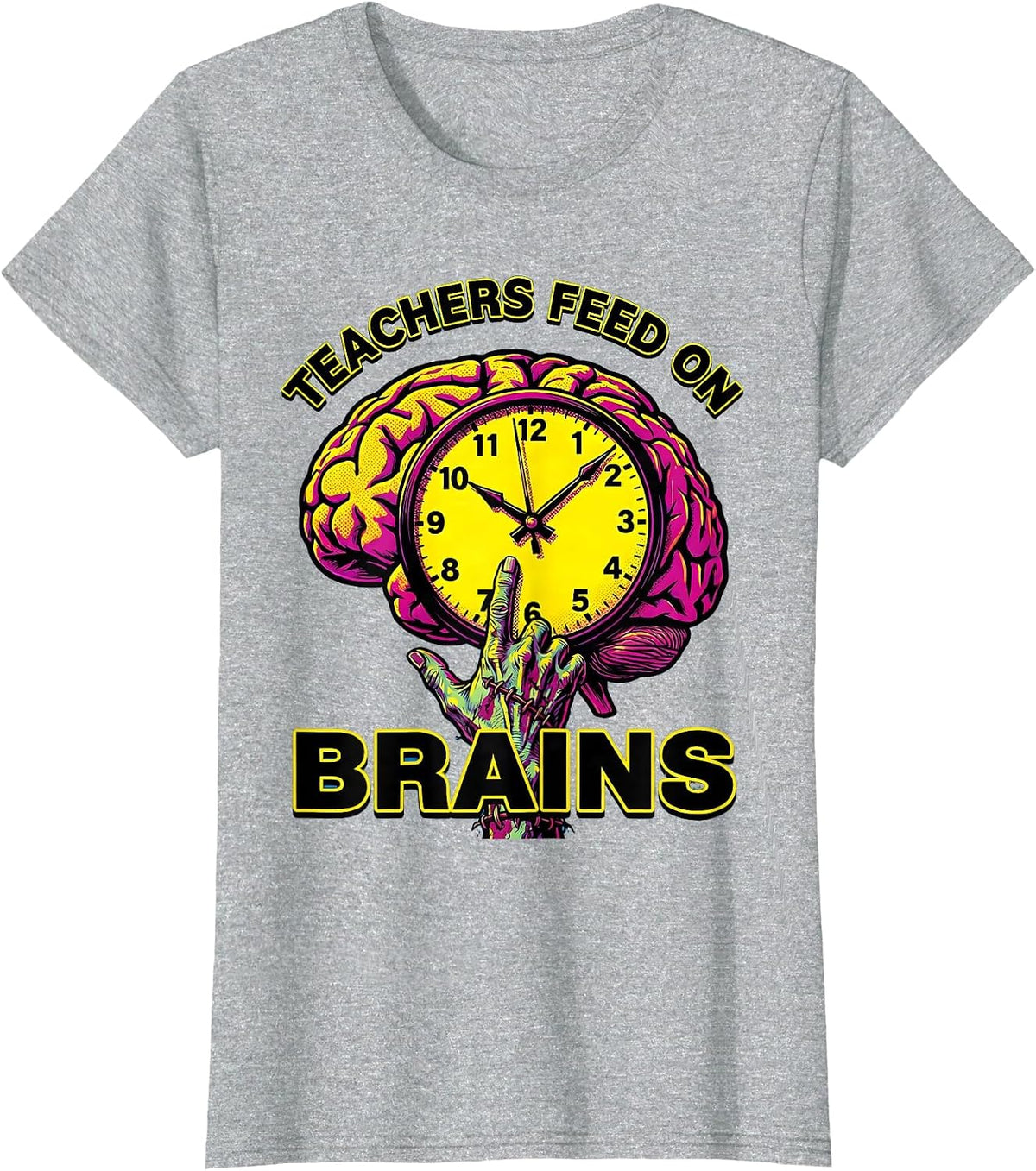 Women's Teachers Feed On Brains Pop Art Funny Halloween Teacher T-Shirt - Heather Grey