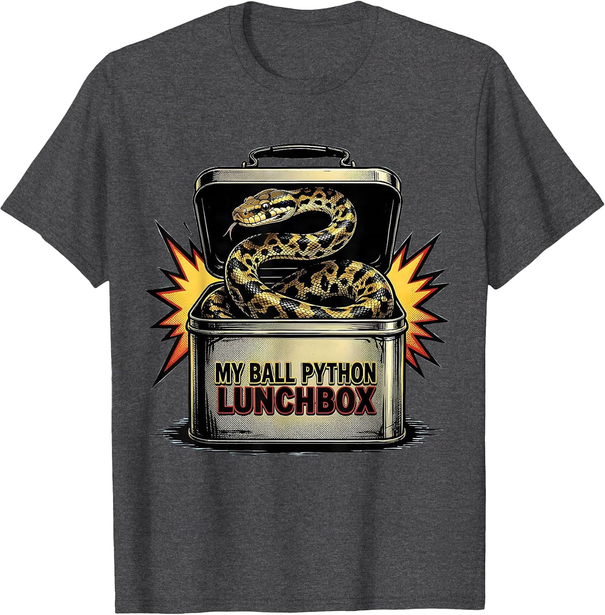 Men's My Ball Python Lunchbox Comic Book Reptile Keeper Snake T-Shirt - Dark Heather Grey