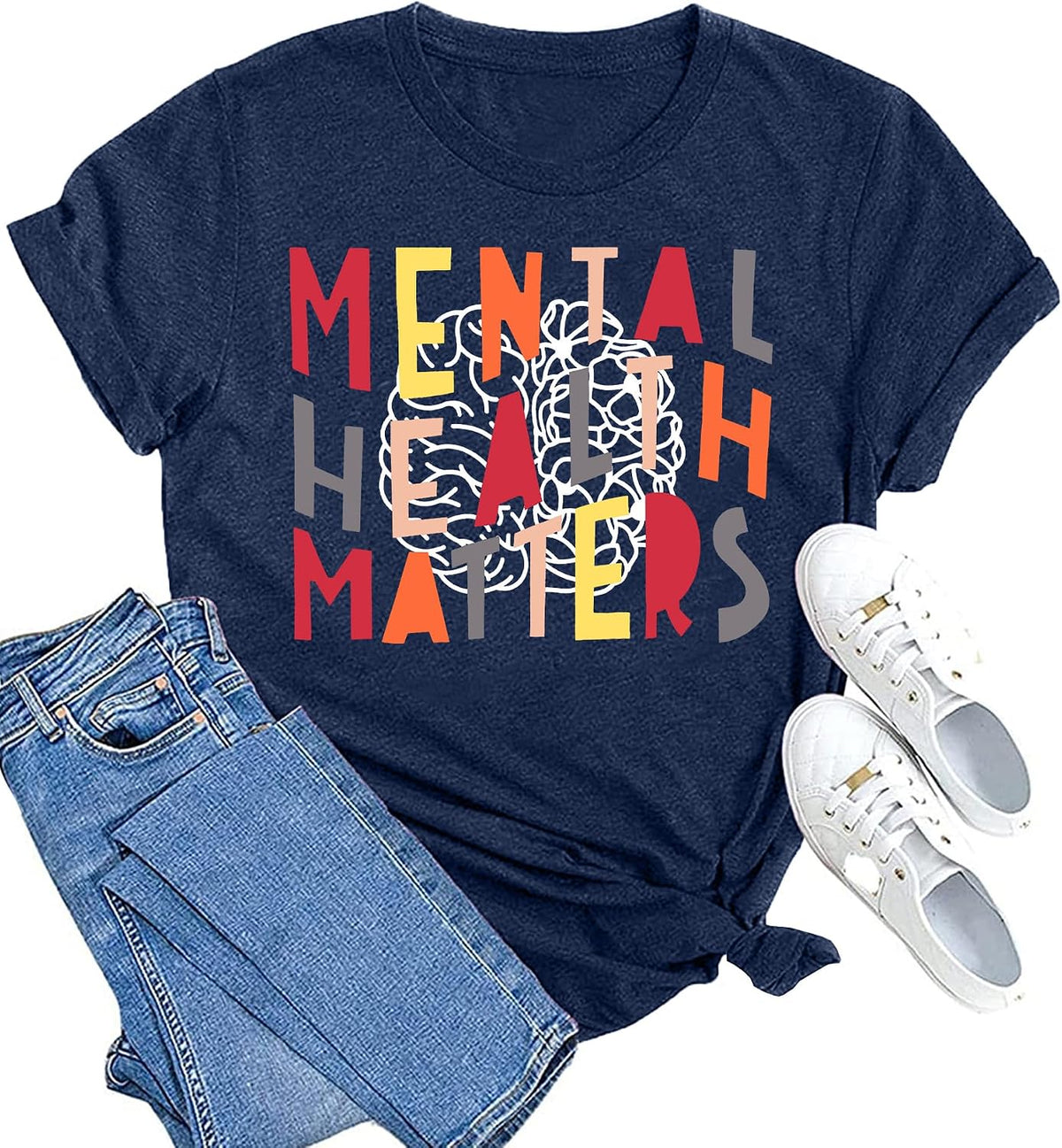 Mental Health Matters Shirt Womens Therapist Psychologist Tshirt Human Brain Illness Awareness Short Sleeve - Blue