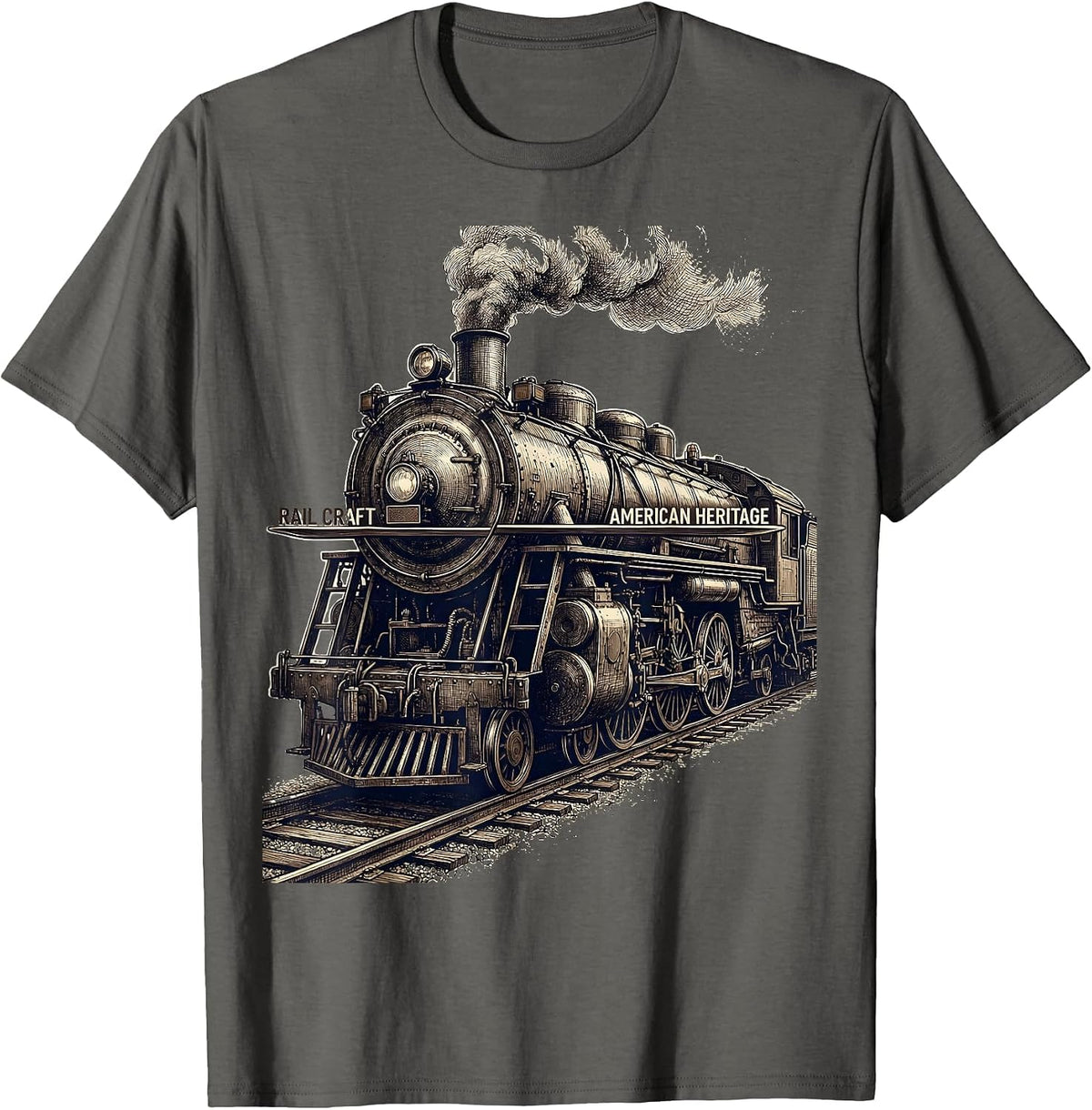 Men's Rail Craft American Heritage Steam Locomotive Train Engineer T-Shirt - Asphalt Grey