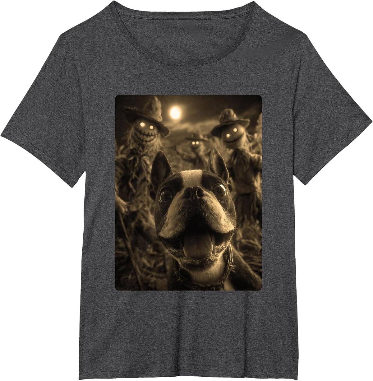 Vintage Boston Terrier Selfie Spooky Scarecrows Halloween T-Shirt - Dark Heather Grey