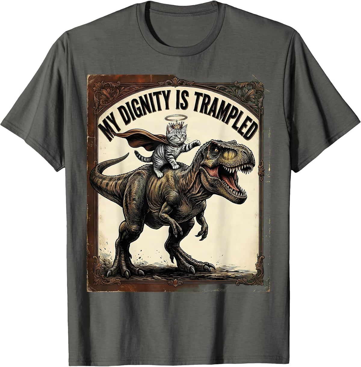 My Dignity Is Trampled Vintage Funny Cat Riding Dinosaur T-Shirt - Asphalt Grey