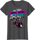 Women's Smoke Drums and Distortion 80s Rock Band Design T-Shirt - Dark Heather Grey