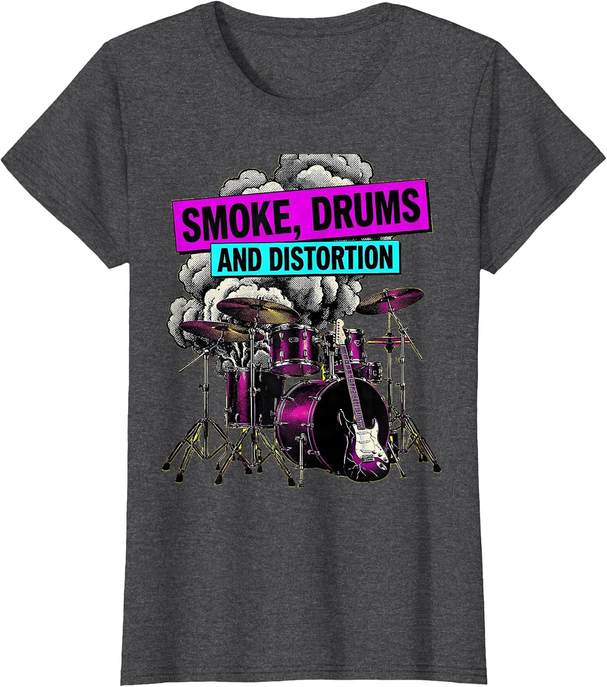 Women's Smoke Drums and Distortion 80s Rock Band Design T-Shirt - Dark Heather Grey