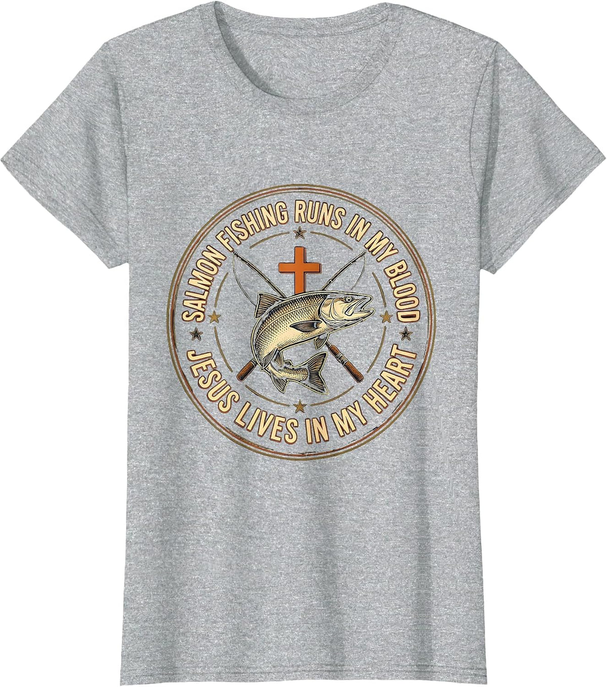 Women's Salmon Fishing Runs In My Blood, Jesus Lives In My Heart T-Shirt - Heather Grey