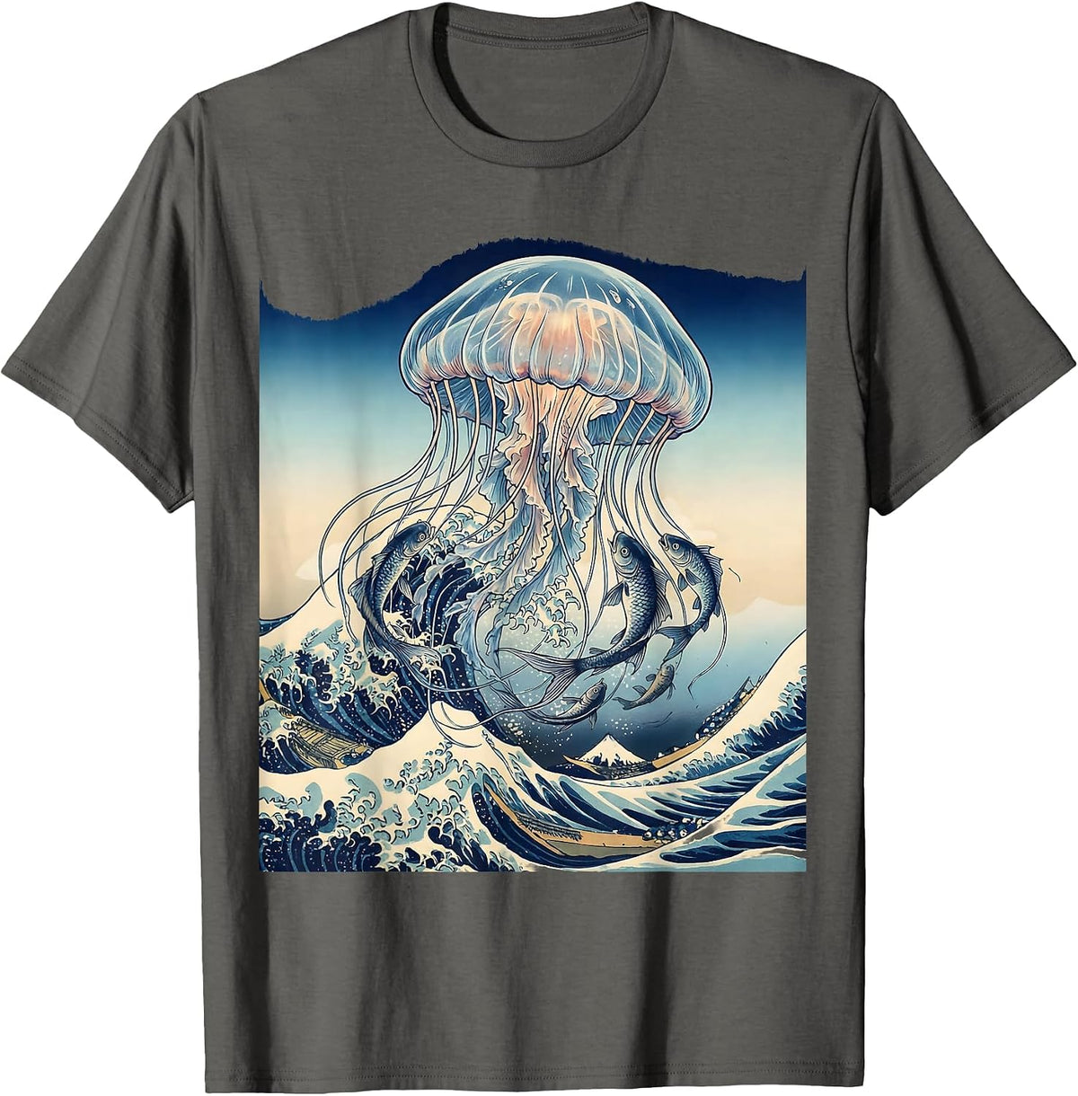 Jellyfish and Fish Ocean Tangle Graphic T-Shirt - Asphalt Grey