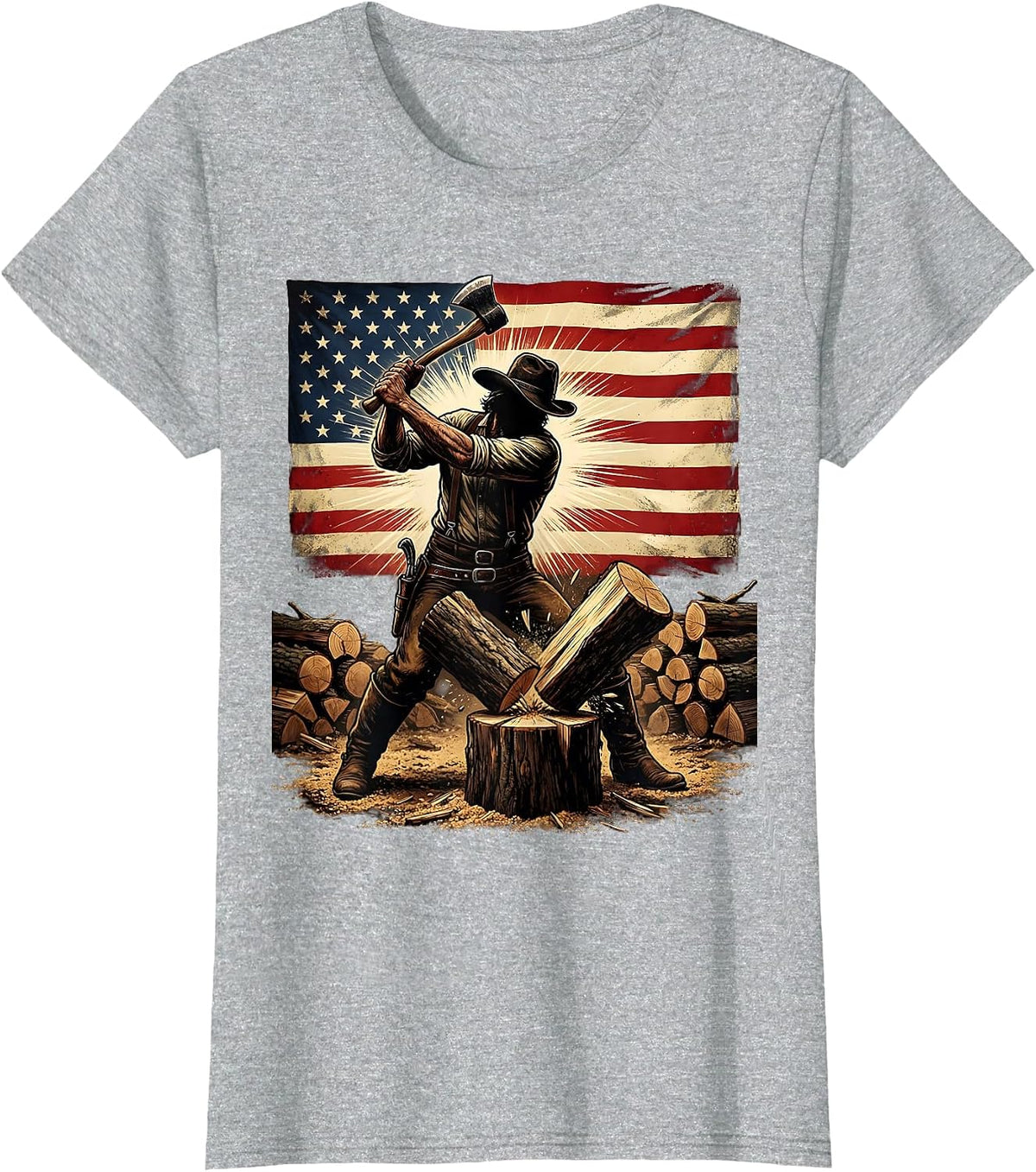 American Flag Wood Chopper Patriotic Graphic T-Shirt - Heather Grey