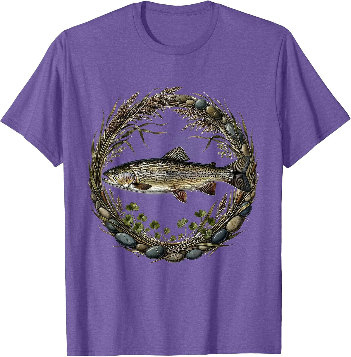 Men's Trout Swimming Upstream Rocky Waterfall Design T-Shirt - Purple Heather