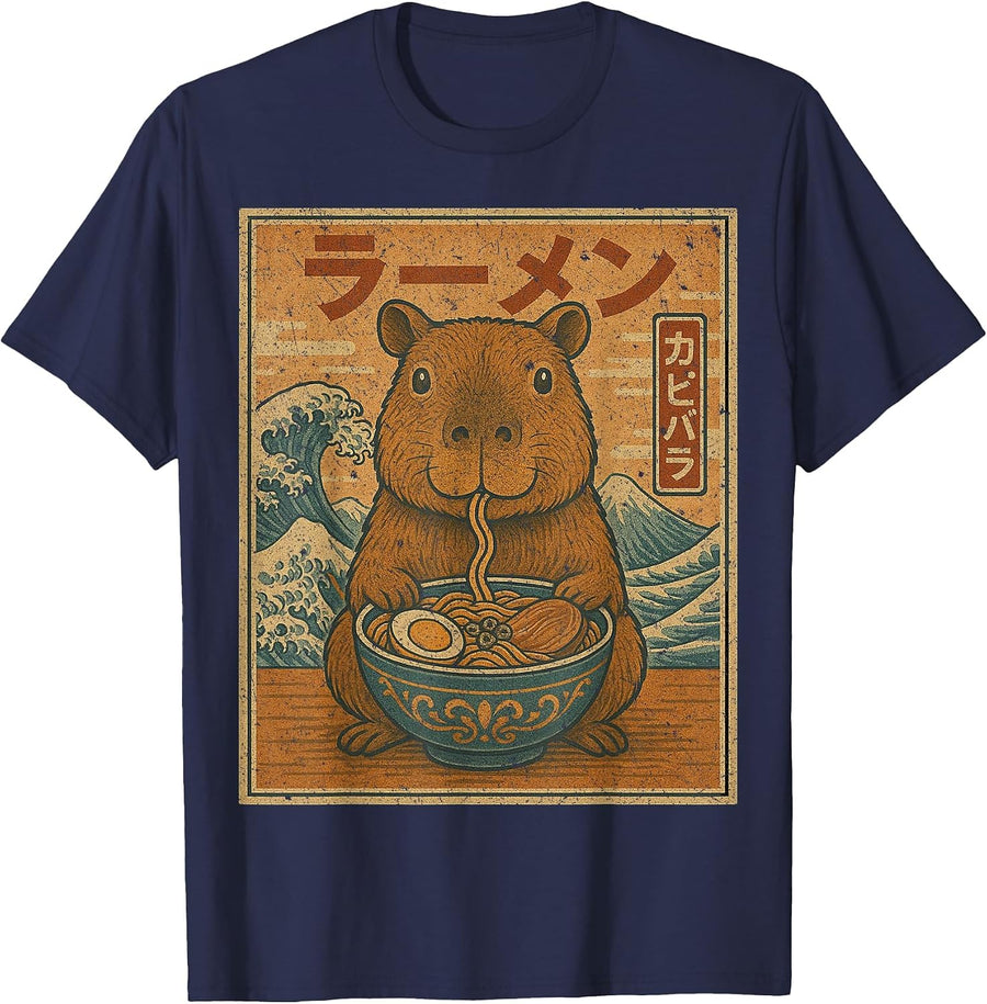 Funny Kawaii Ramen Japanese Noodles Capybara Eating Ramen T-Shirt - Navy Blue
