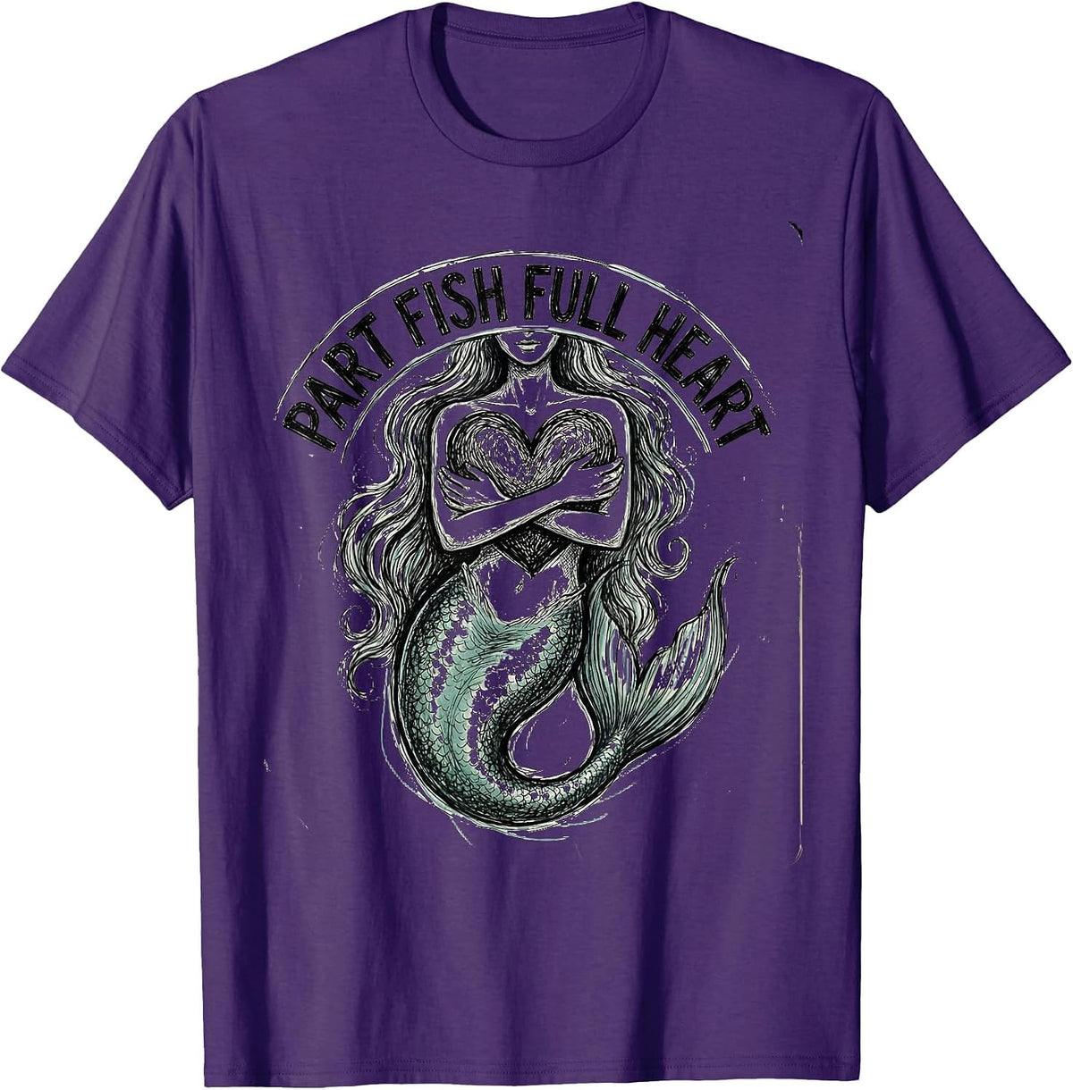 Part Fish Full Heart Mermaid Design T-Shirt - Purple