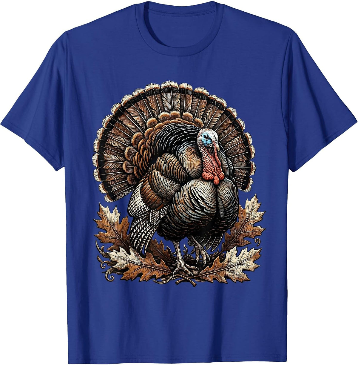 Men's Strutting Turkey Autumn Leaves Thanksgiving Design T-Shirt - Royal Blue