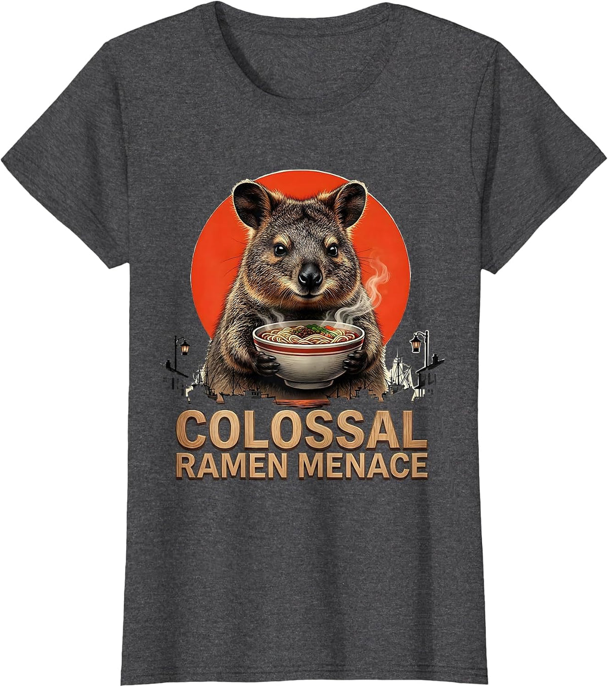 Women's Colossal Ramen Menace Funny Japanese Kaiju Kawaii Animal T-Shirt - Dark Heather Grey