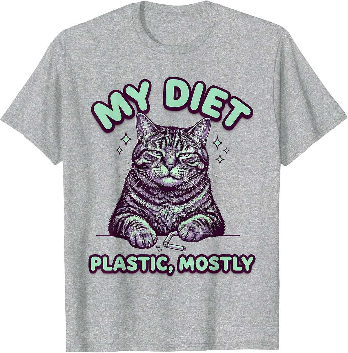 Men's My Diet Plastic Mostly Funny Cat Meme Absurdist Irony T-Shirt - Heather Grey