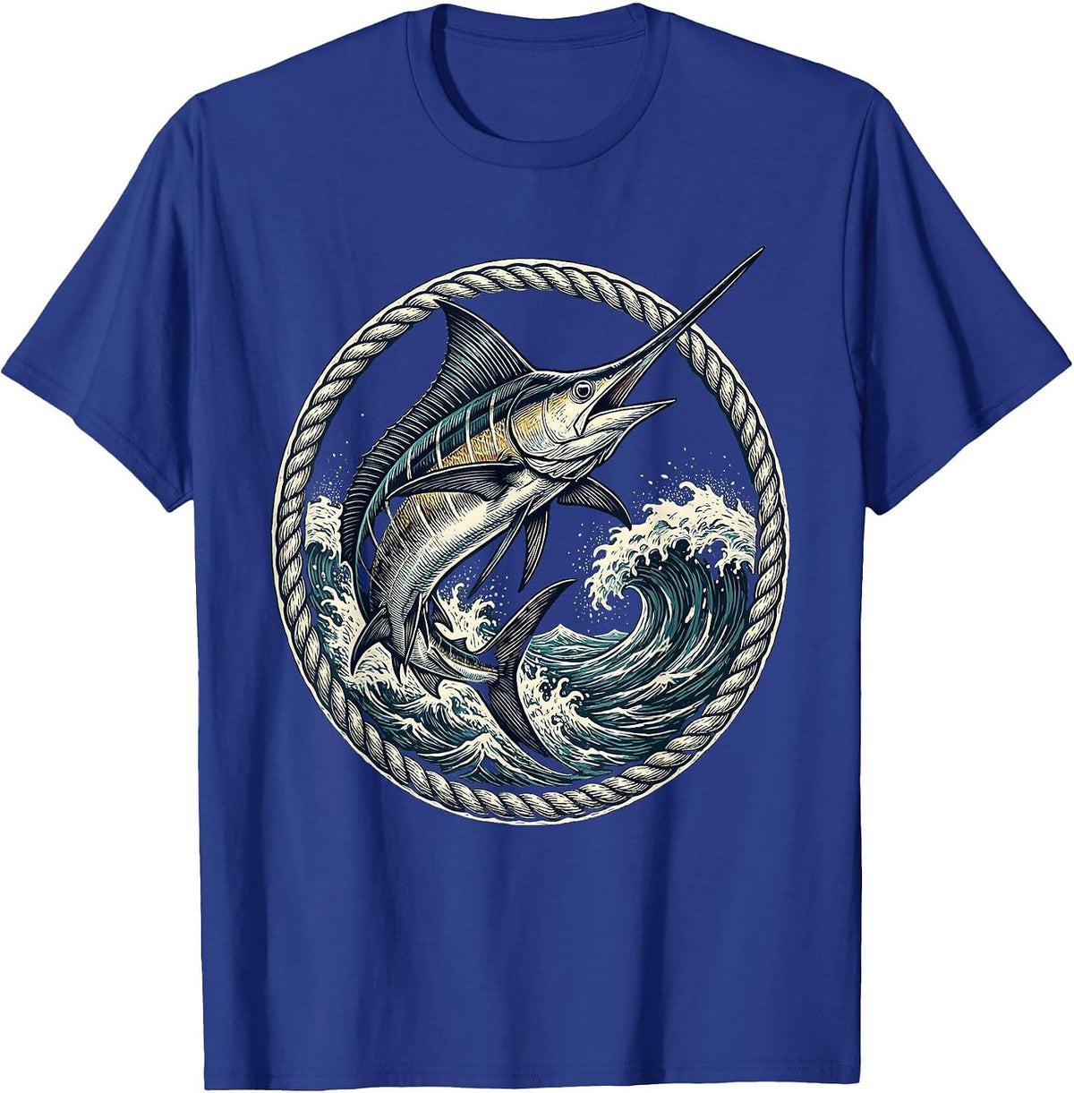 Caribbean Swordfish Leaping Ocean Waves Graphic T-Shirt - Royal Blue