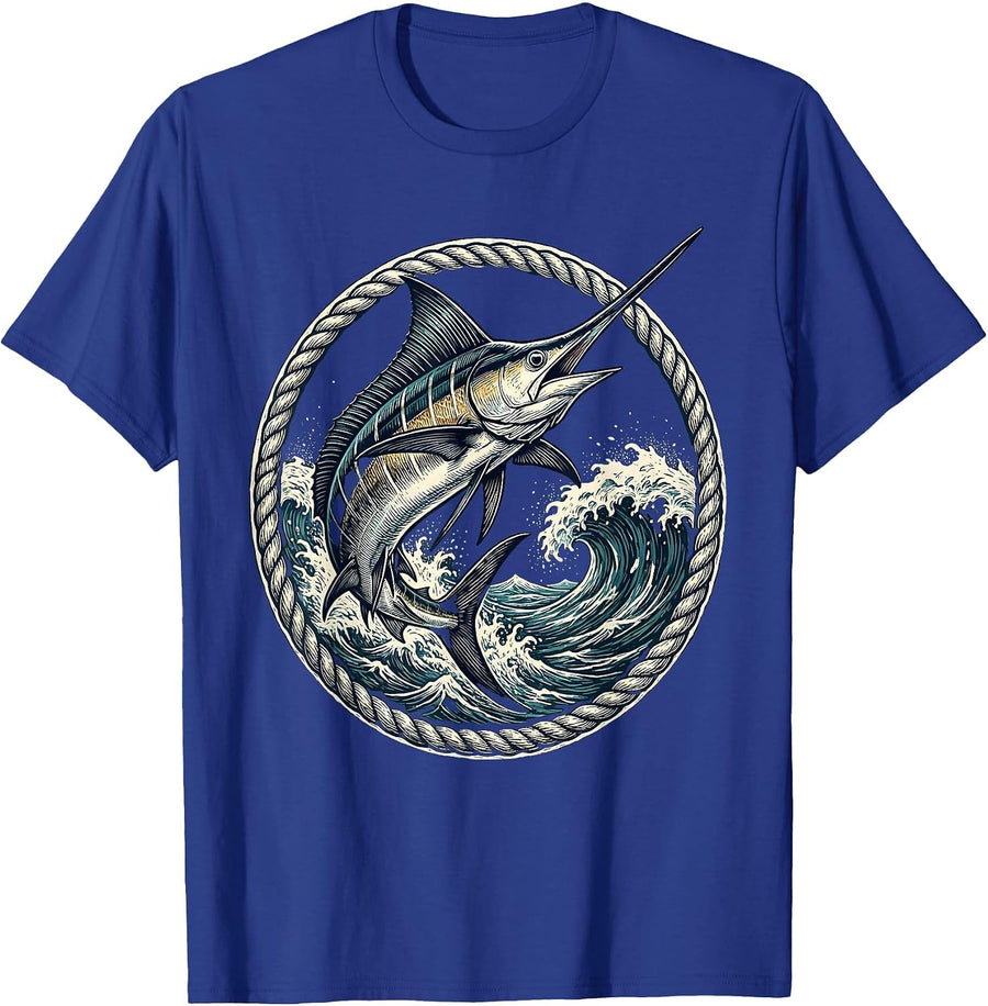 Caribbean Swordfish Leaping Ocean Waves Graphic T-Shirt - Royal Blue