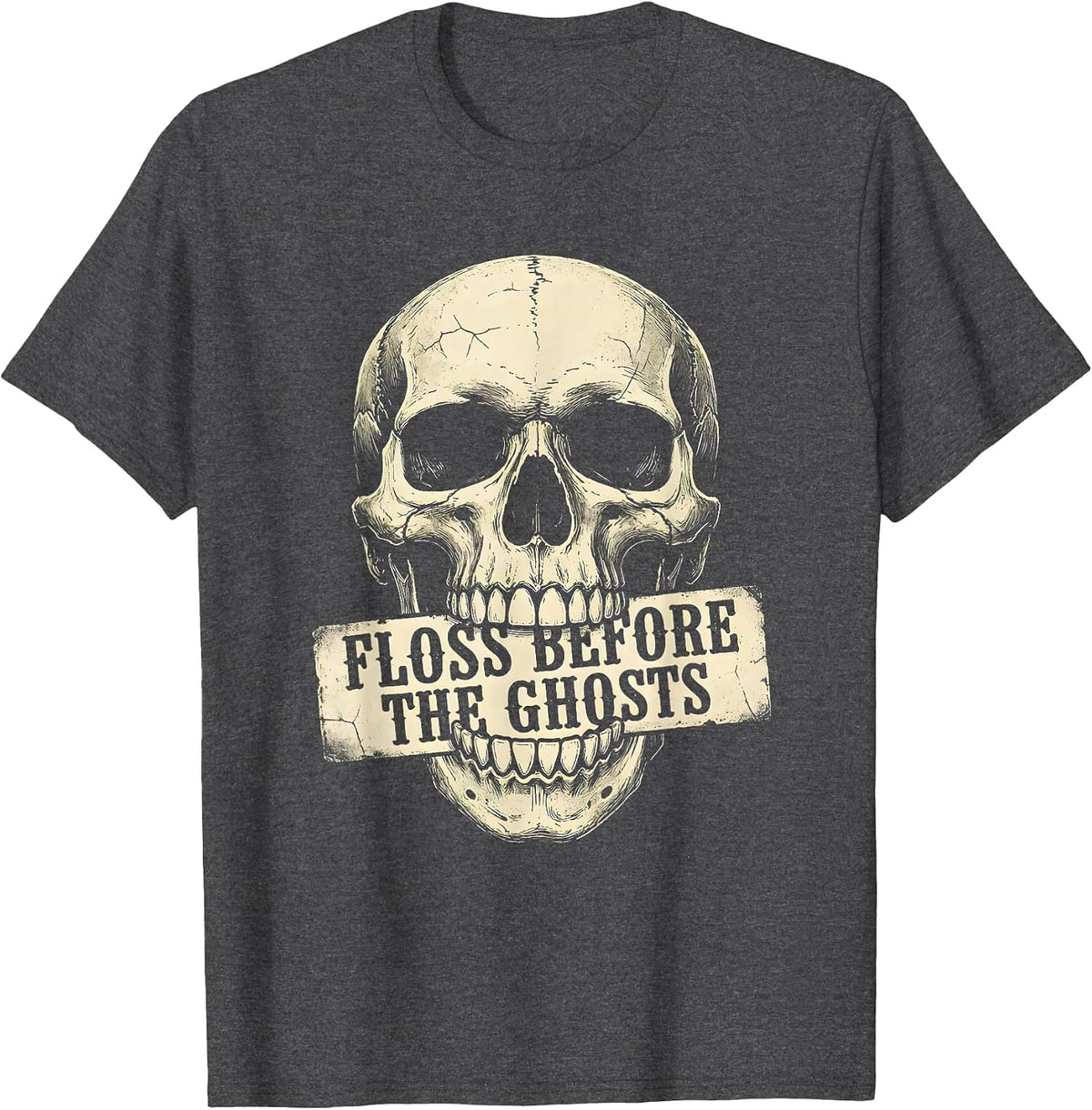 Floss Before The Ghosts Halloween Dental Design T-Shirt - Dark Heather Grey