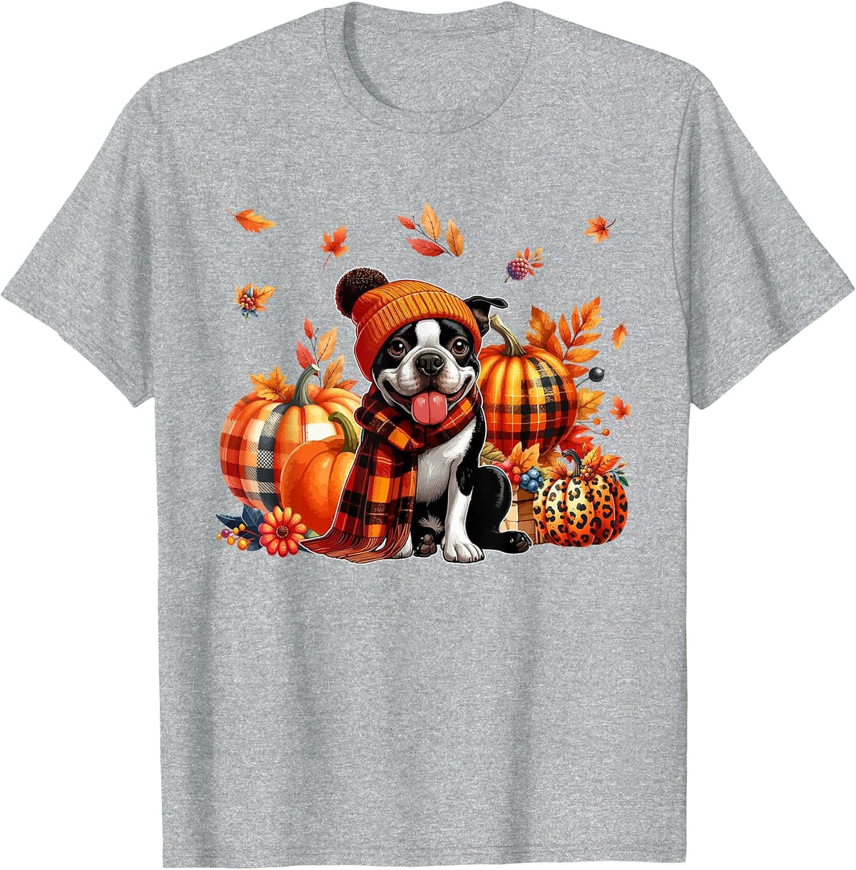 Boston Terrier Thanksgiving Leopard Pumpkins Fall Leaves T-Shirt - Heather Grey