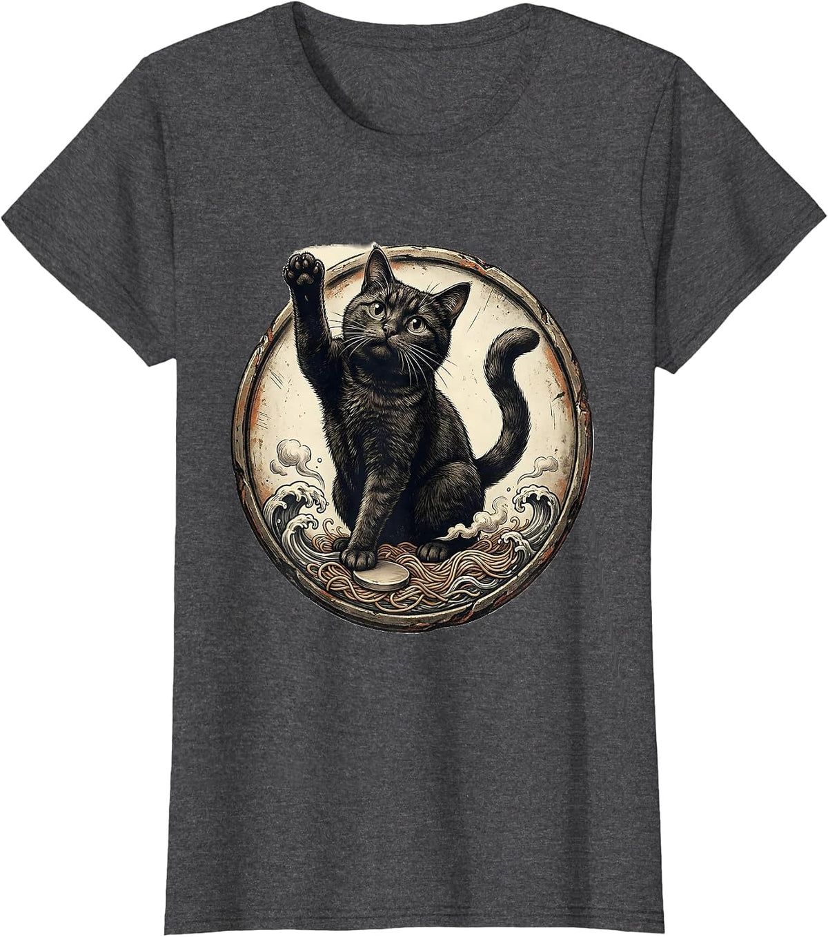 Women's Cat Kaiju Ramen Vintage Anime Art Cat Lover Gift T-Shirt - Dark Heather Grey